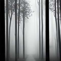Path through a misty forest during a foggy winter day