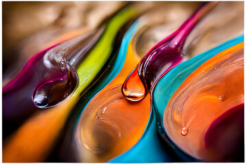 transparent colorful oil drops closeup abstract background, neural network generated art. - obrazy, fototapety, plakaty