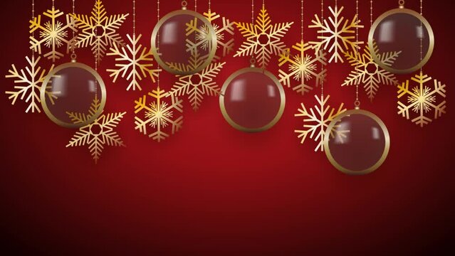 Christmas Ball Ornaments 4K animation on Red background. Golden Balls Hanging. Pattern with and without text, copy space