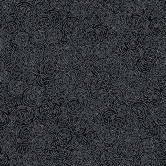 Seamless doodle pattern with hand drawn spirals on black background.