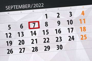 Obraz premium Calendar planner for the month september 2022, deadline day, 7, wednesday
