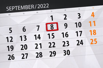 Obraz premium Calendar planner for the month september 2022, deadline day, 8, thursday