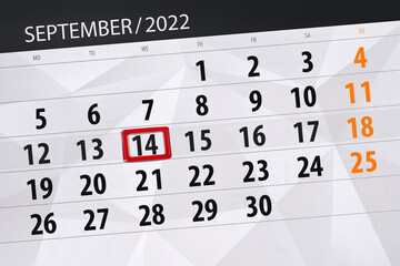 Fototapeta premium Calendar planner for the month september 2022, deadline day, 14, wednesday