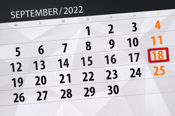Calendar planner for the month september 2022, deadline day, 18, sunday