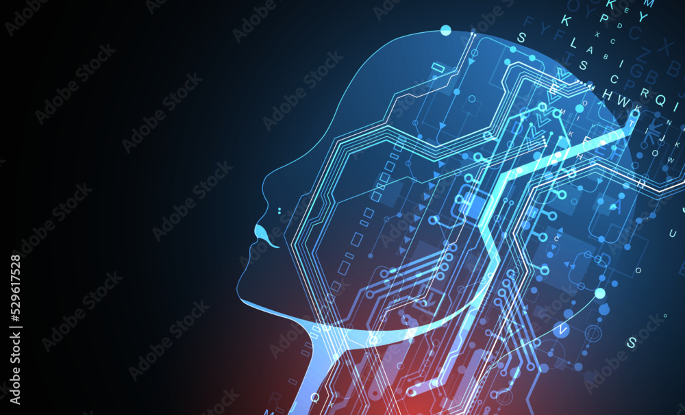 Leinwandbilder Artificial Intelligence. Technical background with a silhouette of a man. Big data concept. Machine cyber mind.