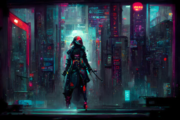 cyberpunk assasin figure in night cyberpunk style neon illuminated city environment, neural network generated art. Digitally generated image. Not based on any actual scene or pattern.