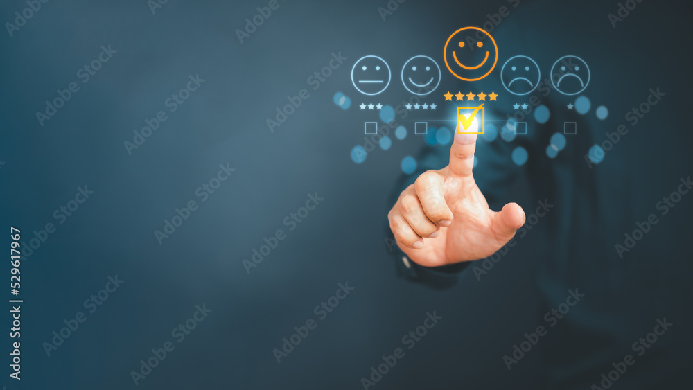 Aufkleber man touching the virtual screen on the happy smiley face icon to give satisfaction in service. ratin