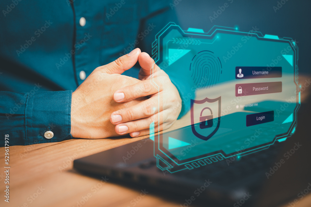 Aufkleber Man login with fingerprint scanning technology in the computer. Secure encryption and access to the user's private information to access the Internet.
