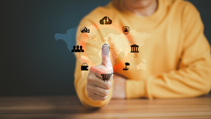 Concept of Surveillance and security scanning of digital program cyber futuristic application. Futuristic digital processing of biometric identification fingerprint scanner for access personal data.