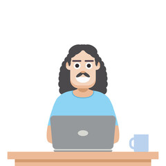 Man Using Laptop For Work From Home Wear T-Shirt