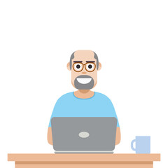 Man Using Laptop For Work From Home Wear T-Shirt