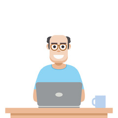 Man Using Laptop For Work From Home Wear T-Shirt