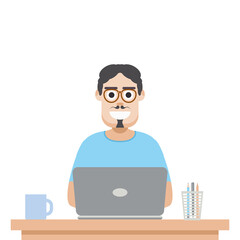 Man Using Laptop For Work From Home Wear T-Shirt