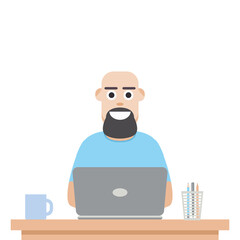 Man Using Laptop For Work From Home Wear T-Shirt