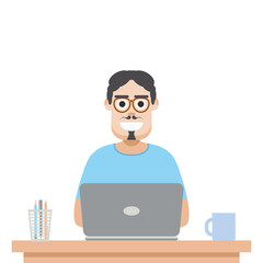 Man Using Laptop For Work From Home Wear T-Shirt