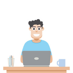 Man Using Laptop For Work From Home Wear T-Shirt