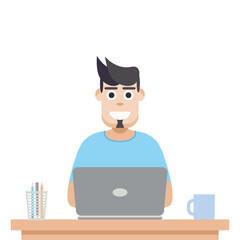 Man Using Laptop For Work From Home Wear T-Shirt