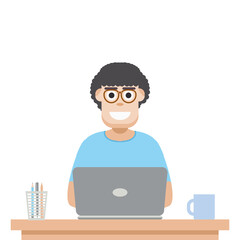 Man Using Laptop For Work From Home Wear T-Shirt