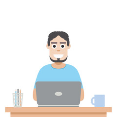 Man Using Laptop For Work From Home Wear T-Shirt