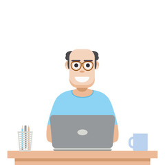 Man Using Laptop For Work From Home Wear T-Shirt