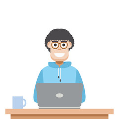 Man Using Laptop For Work From Home Wear Hoodie