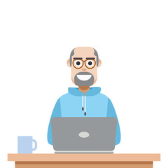 Man Using Laptop For Work From Home Wear Hoodie