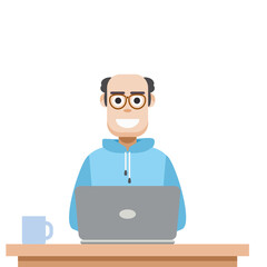 Man Using Laptop For Work From Home Wear Hoodie