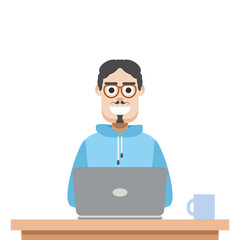 Man Using Laptop For Work From Home Wear Hoodie