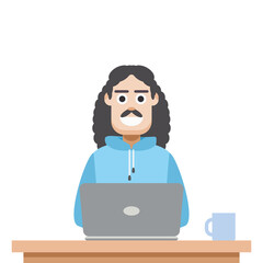 Man Using Laptop For Work From Home Wear Hoodie