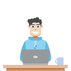 Man Using Laptop For Work From Home Wear Hoodie