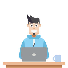 Man Using Laptop For Work From Home Wear Hoodie