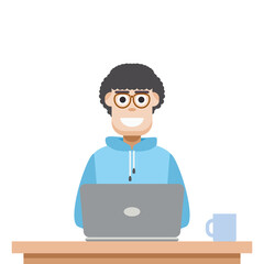 Man Using Laptop For Work From Home Wear Hoodie