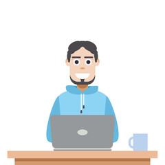 Man Using Laptop For Work From Home Wear Hoodie