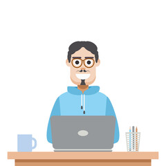 Man Using Laptop For Work From Home Wear Hoodie