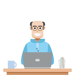 Man Using Laptop For Work From Home Wear Hoodie