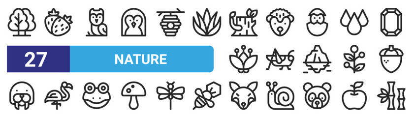 Fototapeta na wymiar set of 27 outline web nature icons such as forest, strawberry, owl, hedgehog, grasshopper, flamingo, fox, bamboo vector thin icons for web design, mobile app.