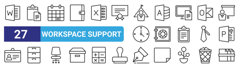 set of 27 outline web workspace support icons such as word, document, calendar, workspace, safety box, documents, writing, files vector thin icons for web design, mobile app.