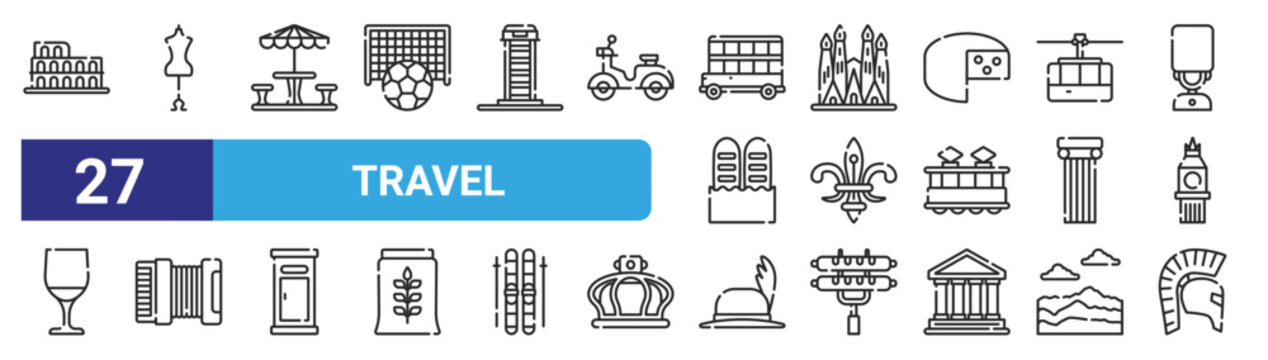 set of 27 outline web travel icons such as colosseum, mannequin, terrace, , fleur de lis, accordion, hat, helmet vector thin icons for web design, mobile app.