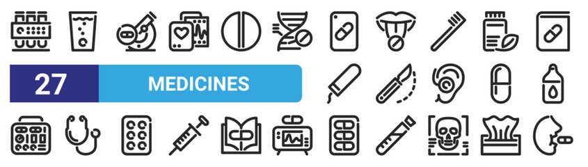 set of 27 outline web medicines icons such as test tubes, glass of water, microscope, pill, scalpel, stethoscope, pill, medicine vector thin icons for web design, mobile app.