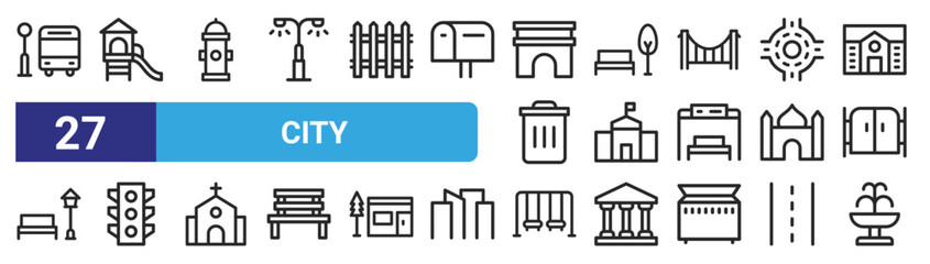 set of 27 outline web city icons such as bus stop, playground, fire hydrant, park, city hall, traffic light, swing, fountain vector thin icons for web design, mobile app.