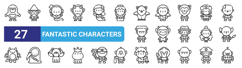 set of 27 outline web fantastic characters icons such as bigfoot, gnome, genie, angel, krampus, grim reaper, oni, robot vector thin icons for web design, mobile app.