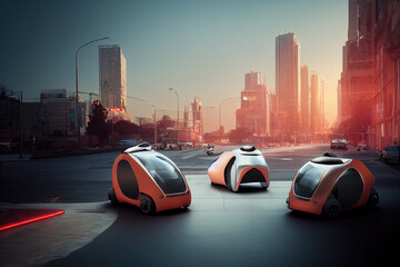 Fototapeta orange futuristic taxi's in future city. High quality 3d illustration obraz