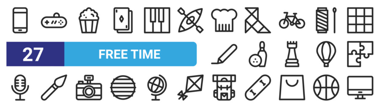 set of 27 outline web free time icons such as mobile, videogame, pop corn, origami, bowling, painting, backpack, computer vector thin icons for web design, mobile app.