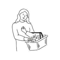Woman buyer choosing food products in supermarket holding basket in hand. Shopping, sale, coice, store, buy concept. 