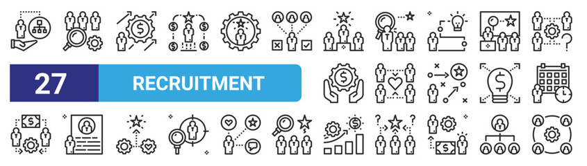Fototapeta na wymiar set of 27 outline web recruitment icons such as recruitment, human resources, profit, recruiter, influence, resume, job, workforce vector thin icons for web design, mobile app.