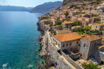 Aerial view of the medieval  castle of Monemvasia, Lakonia, Peloponnese, Greece