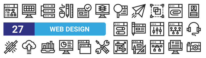 set of 27 outline web web design icons such as planning, image gallery, database, paper plane, content, upload, crop, photo camera vector thin icons for web design, mobile app.