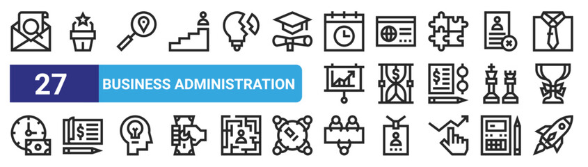 set of 27 outline web business administration icons such as document, speech, magnifying glass, card, hourglass, check, meeting, startup vector thin icons for web design, mobile app.