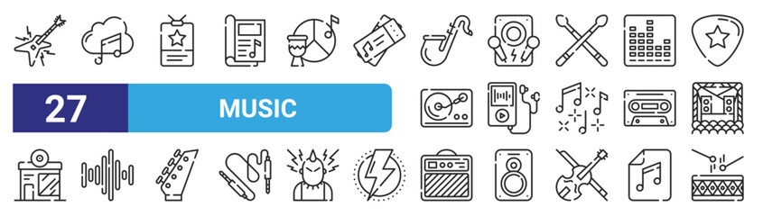 set of 27 outline web music icons such as electric guitar, music cloud, id card, speaker, music player, frequency, amplifier, drum vector thin icons for web design, mobile app.