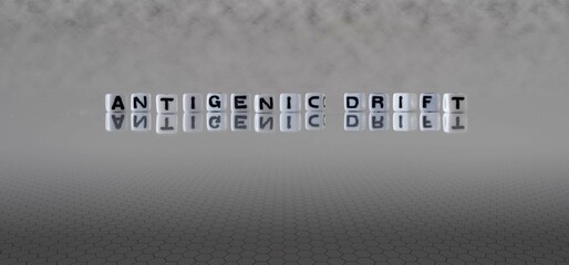 antigenic drift word or concept represented by black and white letter cubes on a grey horizon background stretching to infinity © lexiconimages